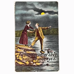 Antique 1911 Postcard Love & Romance Fishing For Love Flirt Postcard - Posted! - Picture 1 of 2