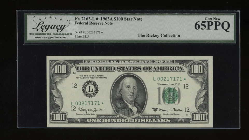 DBR 1963-A $100 San Francisco STAR Gem Fr. 2163-L* Legacy 65 PPQ Ser  L00217171* - Image 1 of 2