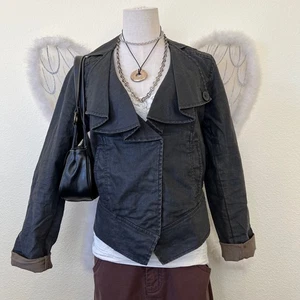 Whimsy Twee grau Leinenmischung Cropped Wachsjacke Blazer Rüschen vorne romantisch - Bild 1 von 10