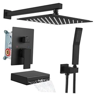 Matte Black Rain Mixer Shower Faucet Set Waterfall Tub Spout with 12 inch - Picture 1 of 7