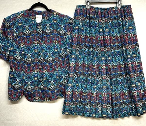 Leslie Fay 2-teiliges Set mit Faltenrock und Bluse mehrfarbig Blumenmuster Vintage Gr. 16 - Bild 1 von 17