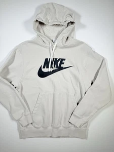 Nike Hoodie Men’s Size M Beige Cream Pullover Sweatshirt Black Logo - Picture 1 of 8