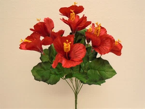 RED Hibiscus Bush 10 Artificial Silk Flowers 18" Bouquet 6215 RD - Picture 1 of 4