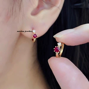 Lab Created Red Ruby 14K Yellow Gold Plated Women's Hoop Earrings 2Ct Round Cut - Picture 1 of 5