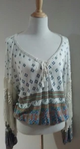 Free People Macra Maze Me Blouse Small Petite Long Sleeve Fringe Lace Up / #R4 - Imagen 1 de 10
