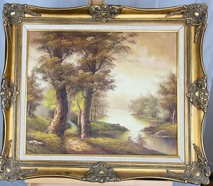 IRENE CAFIERI Large Vintage Forest River Landscape Oil on Canvas - Picture 1 of 7