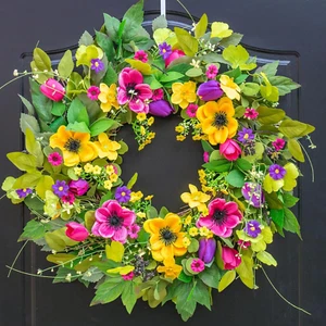 Spring Wreaths for Front Door, Summer Outdoor Wreath with Yellow and Purple Dai - Picture 1 of 12