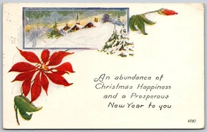 Postcard Christmas Happiness Prosperous New Year Poinsettia Winter Scene - Picture 1 of 2