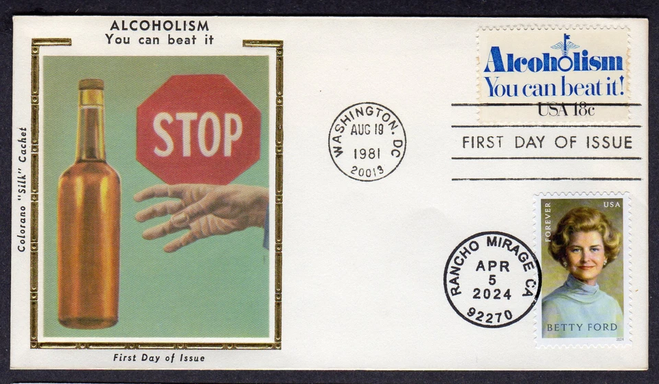 2024 BETTY FORD & Alcoholism (5852/1927) Colorano "Silk" Bullseye DUAL FDC NU324 - Image 1 of 1
