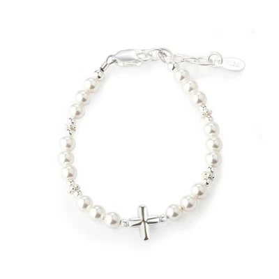 925 Sterling Silver High-End Austrian Simulated Pearl Baptism Cross Bracelet - Image 1 of 4