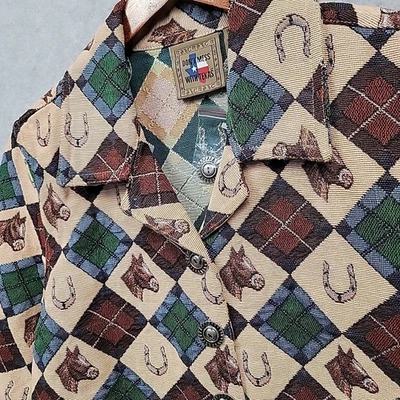 Don’t Mess With Texas Jacket Women Sz M Horse Argyle Tapestry Silver Buttons NWT - Image 1 of 4
