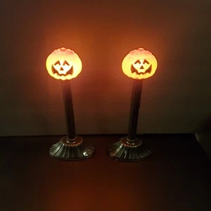 Vintage Pumpkin Light Up Candle Sticks Set of 2 Window Lights Halloween Decor - Picture 1 of 6