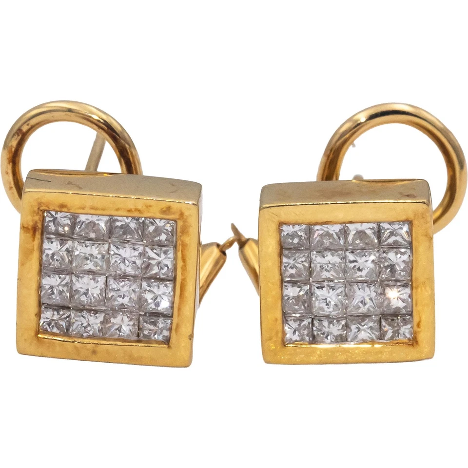 18k Yellow Gold Princess Cut Invisible Set Diamond Square Earrings 1.0CTW - Image 1 of 4
