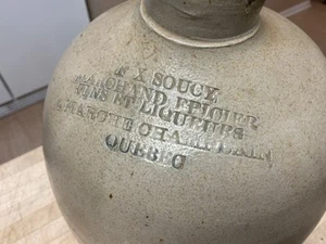 Antigua jarra de gres esmaltado en sal F X Soucy Quebec - Imagen 1 de 10