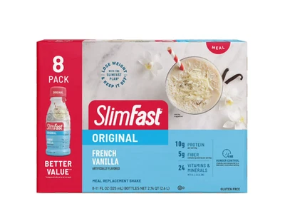 Batido de proteínas de reemplazo de comidas SlimFast, vainilla francesa, botella de 11 fl oz, paquete de 8 Foto 1 de 4