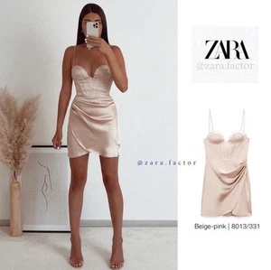 Zara Mini Dress M Satin Stretch Champagne Beige Ruched Corset Strappy Wedding - Picture 1 of 10