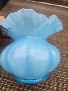 Fenton Blue Overlay Glass Ribbed Ruffled Melon Rose Bowl Vase 5” - Picture 1 of 6