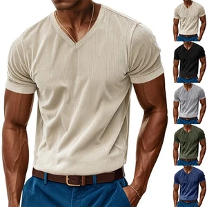 T-shirt uomo scollo a V 2025 sciolta e traspirante con maniche corte in velluto a coste - Foto 1 di 29