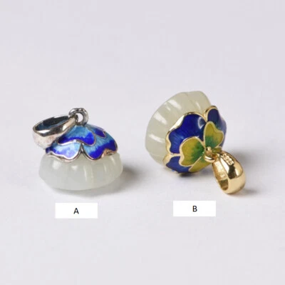 I05 Cloisonne Rimorchio Fiori di Loto Giada Stile A Argento Sterling 925 - Immagine 1 di 2