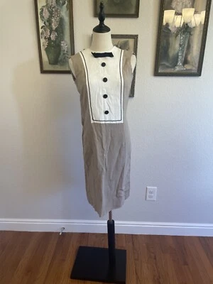 Vintage 1960s Linen Sheath Dress Tuxedo Style Front Size S Mod Gogo Mad Men - Image 1 of 4