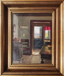 Edmund Fischer (1889-1952): INTERNO CASETTA CON STUFA IN FERRO, olio originale - Foto 1 di 8