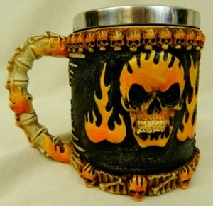 Resin Coffee Cup 3-D Skulls Flames Bones Stainless Steel Insert Halloween - Picture 1 of 8