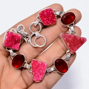 Pink Druzy Red Garnet Gemstone 925 Silver Handmade Bracelet 7-8" ARB-872 - Picture 1 of 3