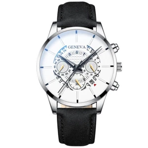 Reloj para hombre cuartos de acero inoxidable con correa de cuero negro plateado y blanco - Imagen 1 de 1