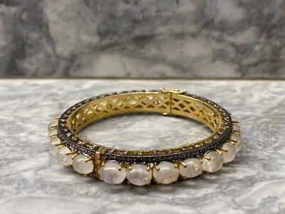Moonstone Bangle Gemstone 925 Silver Diamond Pave Bracelet 14k Gold Fine Jewelry - Image 1 of 4