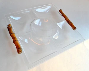 Grainware Square Lucite Divided Tray Bamboo Handles Server Plate Dip Tiki VTG - Picture 1 of 6