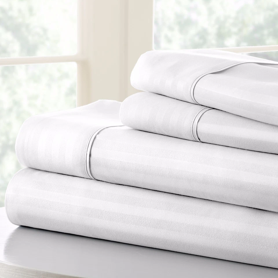 . Case of 12 Twin Premium Embossed Stripe 3 Piece Sheet Set - White .