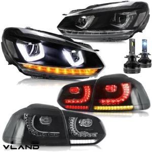 VLAND Headlights + Smoke Rear Tail Lights + LED Bulb Sets For 2010-2014 Golf MK6 - Picture 1 of 12