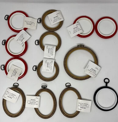 13 Cross Stitch Hoops Rubber Flexible Red/Wood Grain (9) 3”, (3) Oval, (1) 4.5” - Image 1 of 4