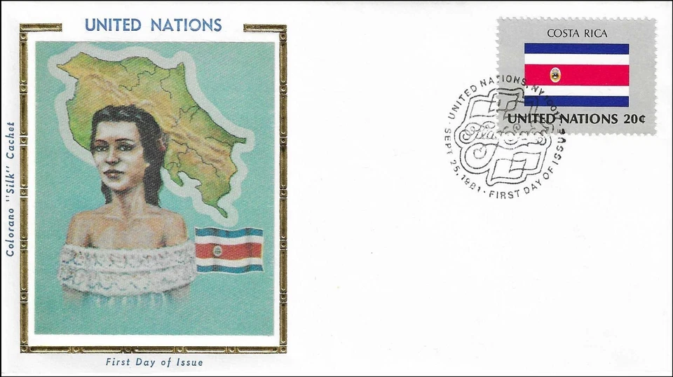 Costa Rica National Costume Dress Flag Map UN Gold Folio Silk FDC Cachet 1981 - Image 1 of 1