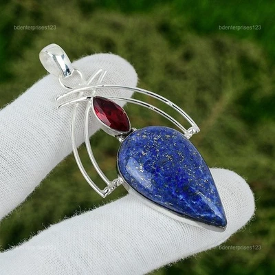 925 Sterling Silver Lapis Lazuli Stone Mozambique Garnet Wedding Pendant Jewelry - Image 1 of 4