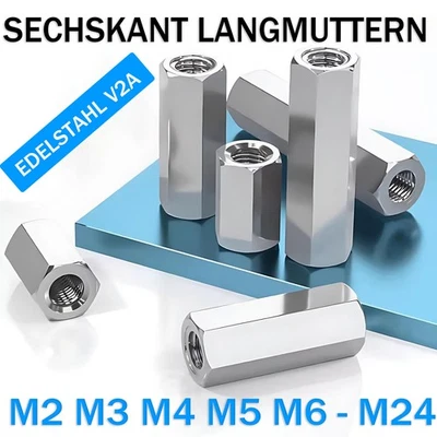 M2 - M24 Gewindemuffen Sechskant Edelstahl V2A Langmuttern Verlängerungsmuttern - Bild 1 von 4