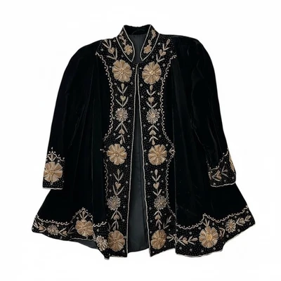 Chaqueta Blazer Para Mujer De Colección French Couture Negra Terciopelo Cuentas Bordada Talla M Foto 1 de 4