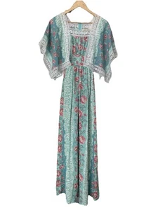 Vintage 1975 Sear JR Bazaar Floral Angel Wings Sleeves Maxi Dress/Lace Boho - Picture 1 of 8