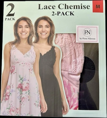 Flora Nikrooz Lace Chemise, 2-Pack, Medium Floral & Black 33” Stretch Microfiber - Image 1 of 4