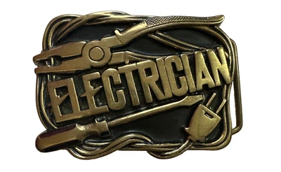 VTG Brass ELECTRICIAN Belt Buckle Baron Buckles Taiwan 1980 Soldering Iron Plug - Image 1 of 4