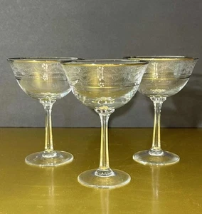 Set of 3 Vintage Etched Crystal Champagne Coupes w/ Silver Rim – 5.5″ Tall,... - Picture 1 of 11