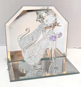 Adorable Clear Spun Art Glass Cat Figurine w Purple Bow & Mirror Stand - Picture 1 of 8