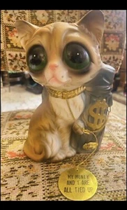 Vintage Ceramic Enesco Big Eye Kitty Cat Bank Very Rare  Original Tags Stickers - Picture 1 of 7