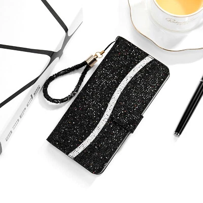 For Various Phone Flash Glitter Wallet Strap Flip Card Bag Case Cover Women Girl - Image 1 of 4
