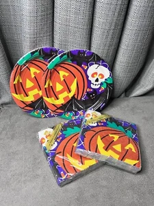 Halloween Paper Napkins Plates Pumpkin Bat Skull Jack O' Lantern VTG New - Picture 1 of 9