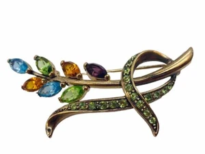 Broche prendedor vintage Monet multicolor estrás hoja floral púrpura verde azul - Imagen 1 de 3