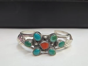 Vtg 925 Sterling Silver Cuff Leaf  Bracelet with Blue & Red Turquoise Stones  - Picture 1 of 9