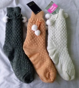 Womens Slipper Socks Warm Snuggly with Pom Pom Anti Slip Grip Bottom by SKY SOLE - Picture 1 of 6