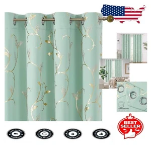 Room Darkening Grommet Curtains 66x84 in Aqua with Elegant Gold Floral Design - Picture 1 of 9