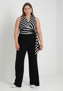 LAUREN by Ralph Lauren Black White Stripe Wrap Jersey Pants Jumpsuit 24W 3X EUC - Picture 1 of 10